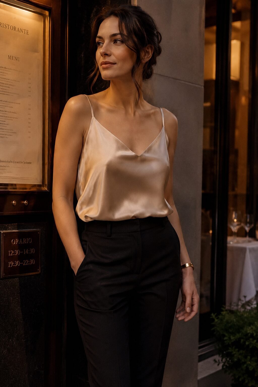 dinner-out black pants outfit: champagne silk camisole tucked into cigarette-cut black trousers