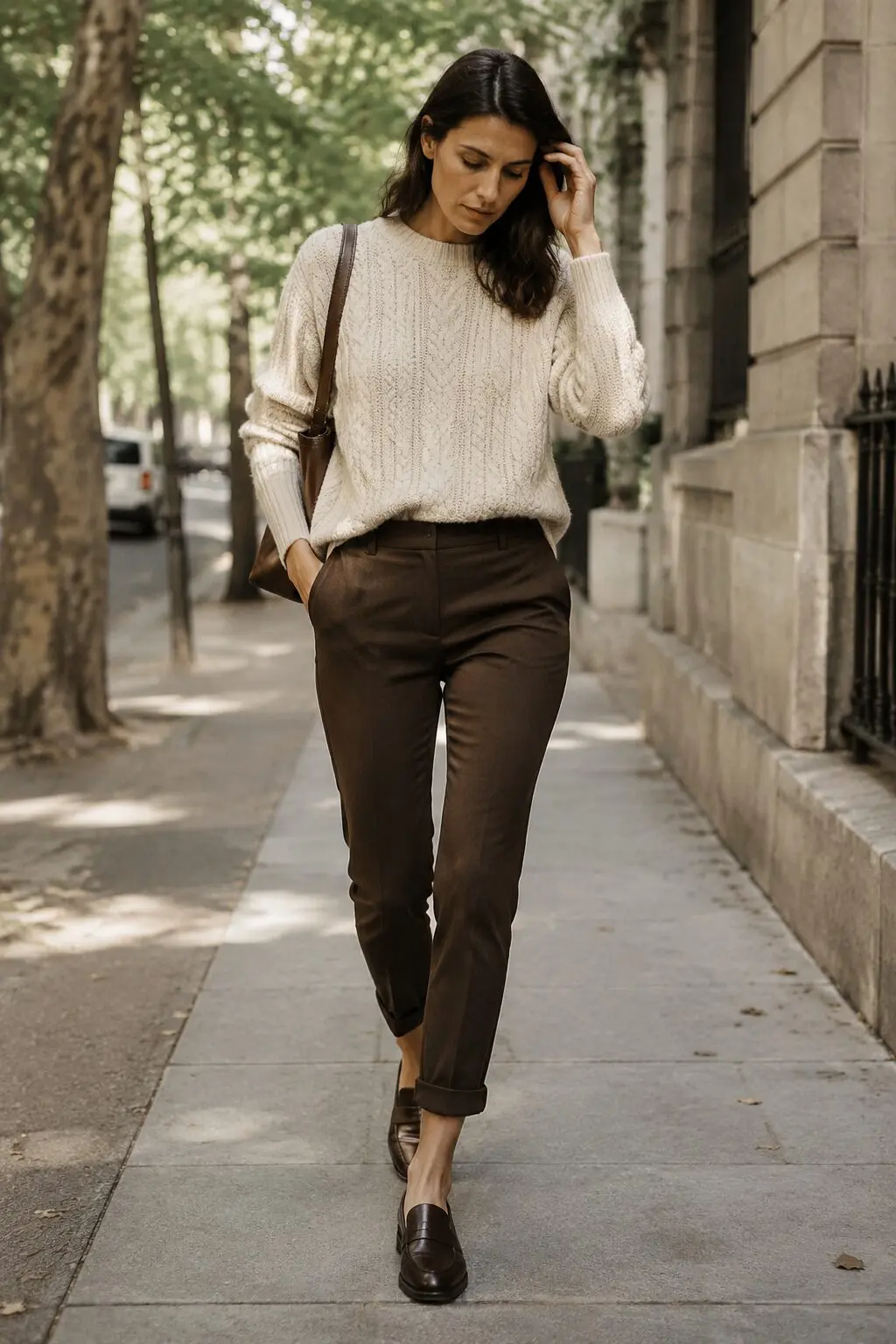 chocolate brown cigarette pants and cream cable knit sweater outfit for weekend errands