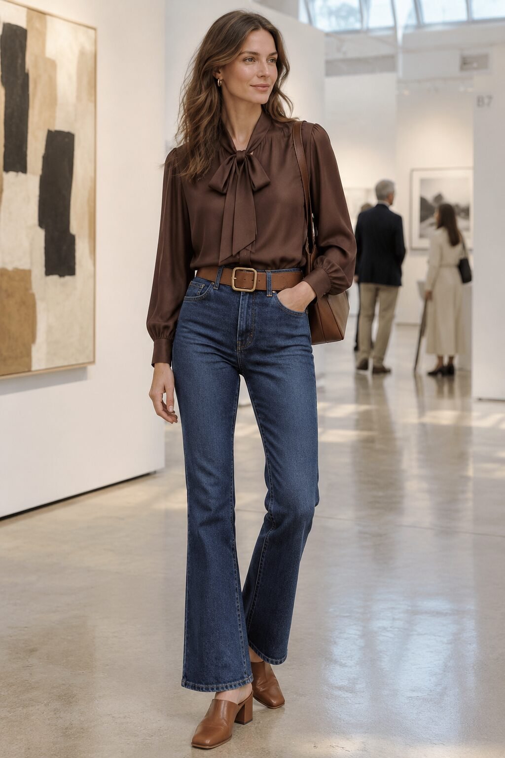 bootcut jeans outfit in the spirit of Carolyn Bessette Kennedy: chocolate pussy-bow blouse, wide cognac belt, and block-heel mules for an art fair