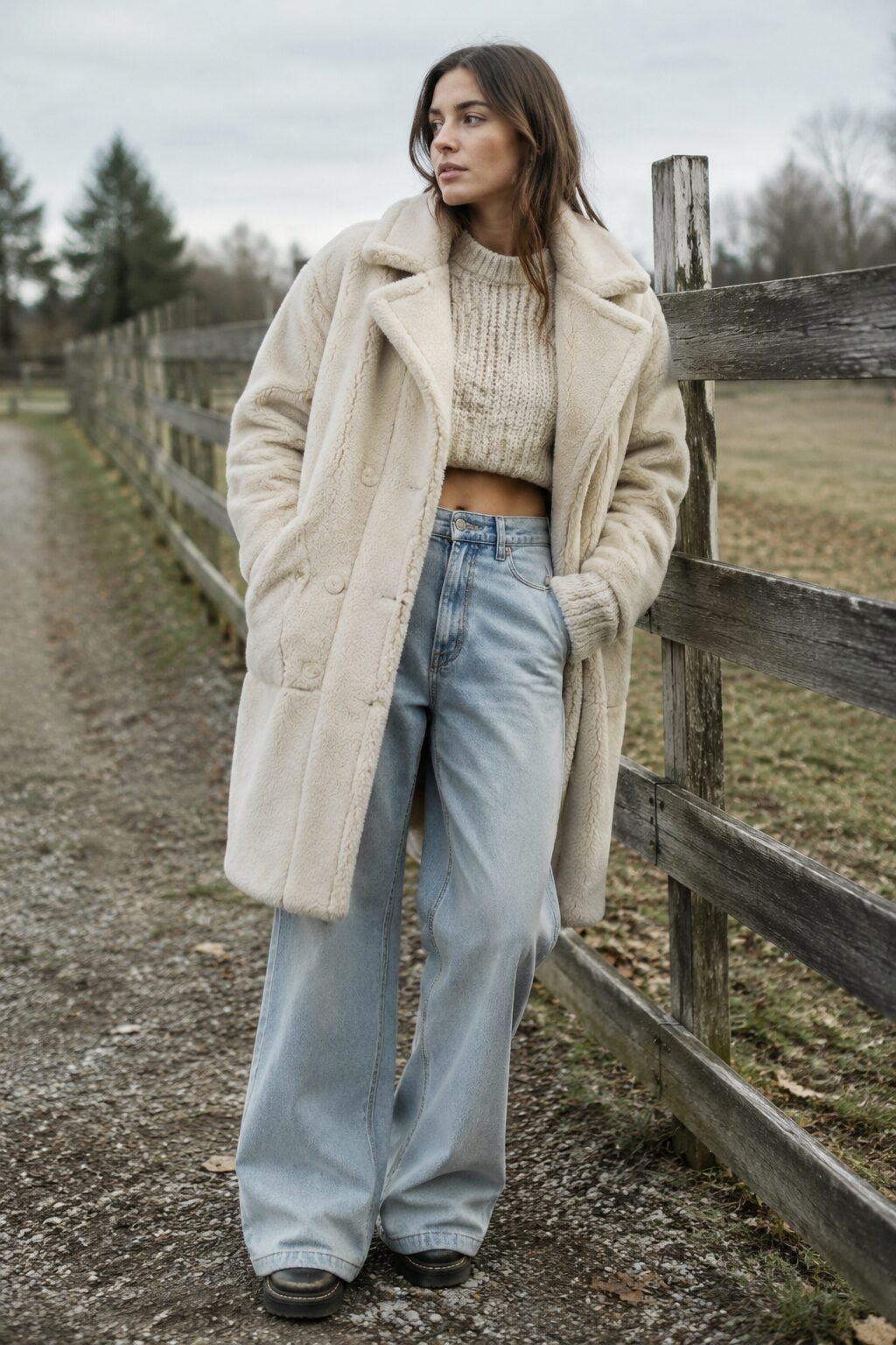 ecru shearling coat, chunky knit sweater, and wide-leg jeans, effortless fall coat outfit