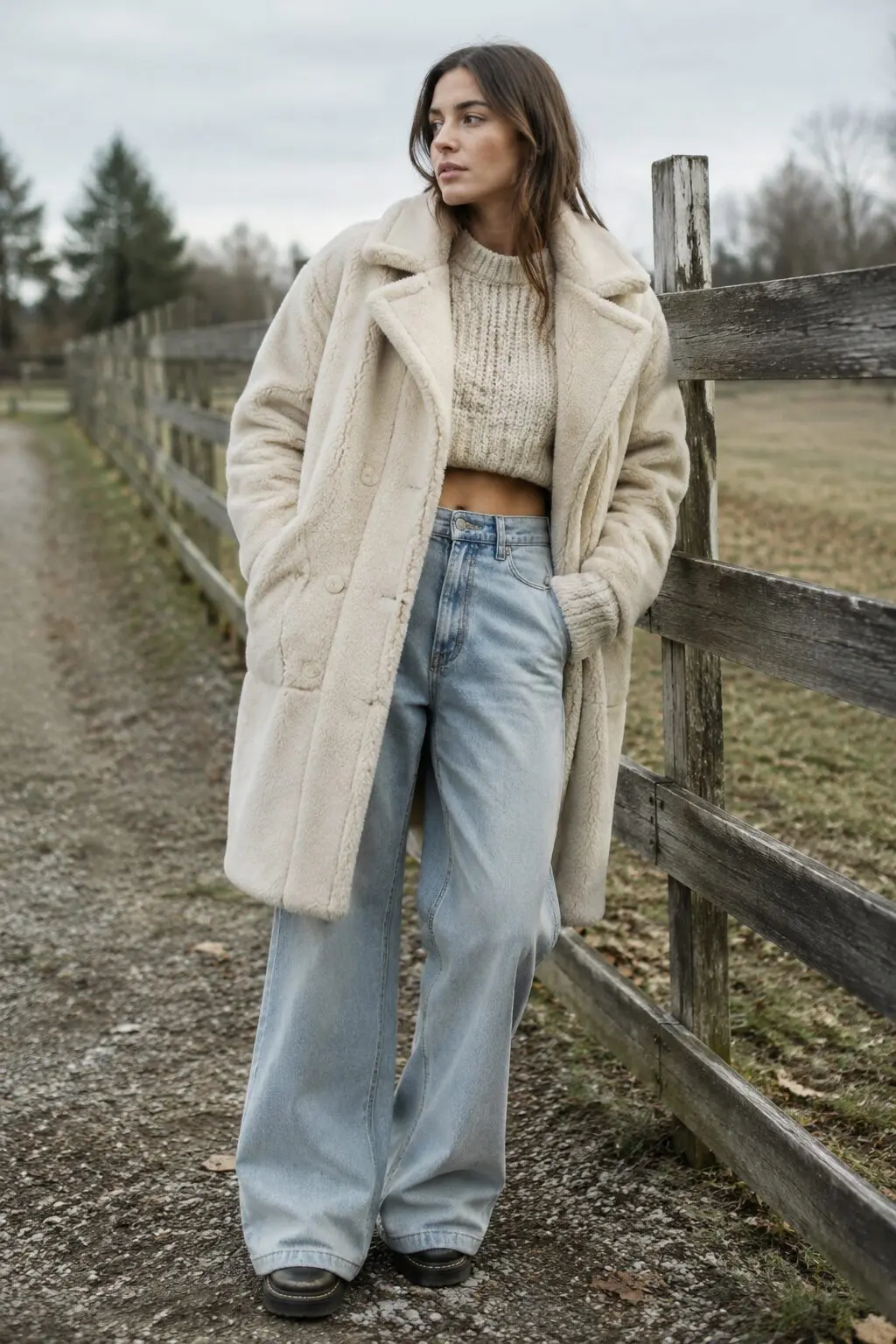 ecru shearling coat, chunky knit sweater, and wide-leg jeans, effortless fall coat outfit