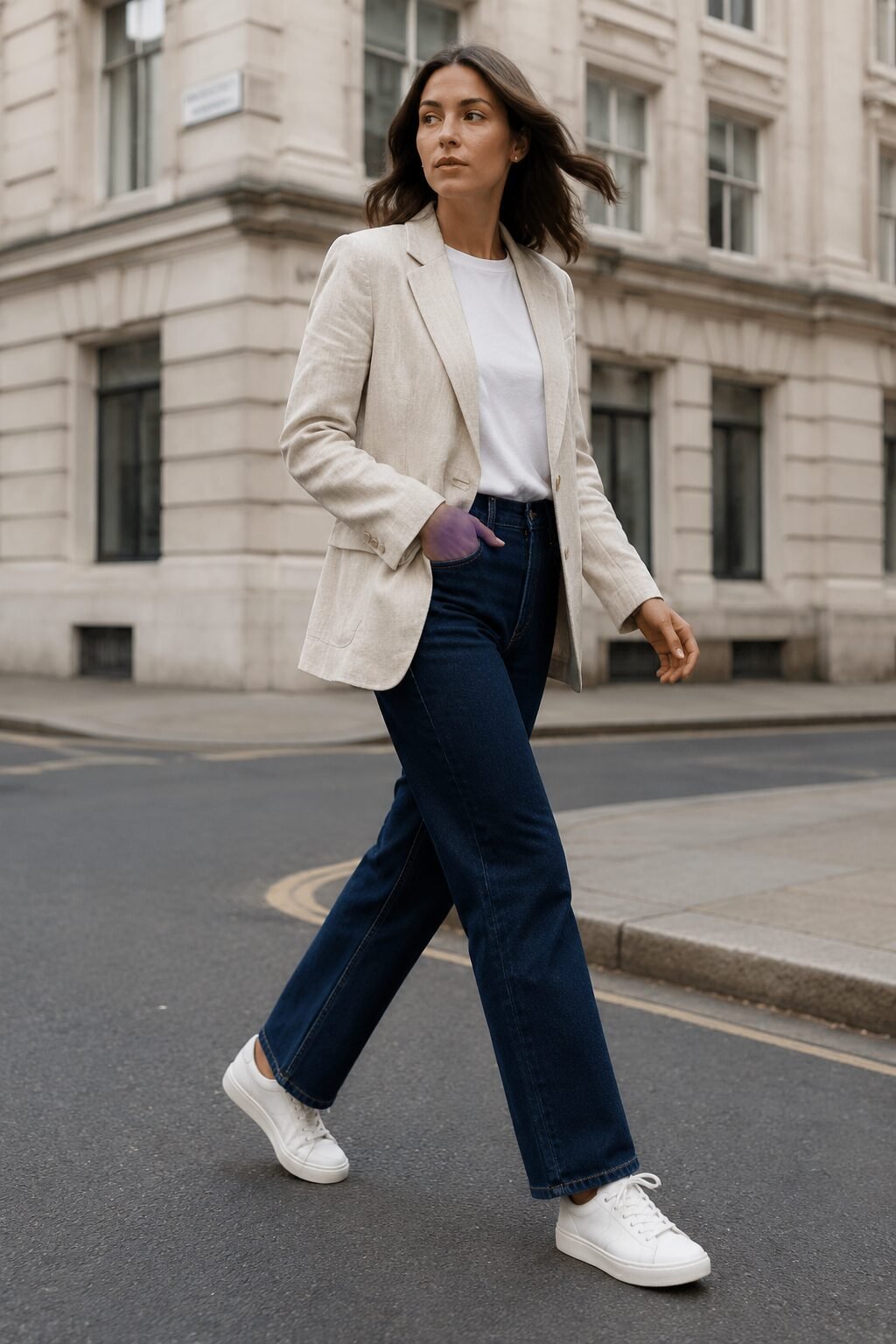 woman wearing an ivory blazer over a plain tee and straight-leg denim jeans with white sneakers for a weekend outfit