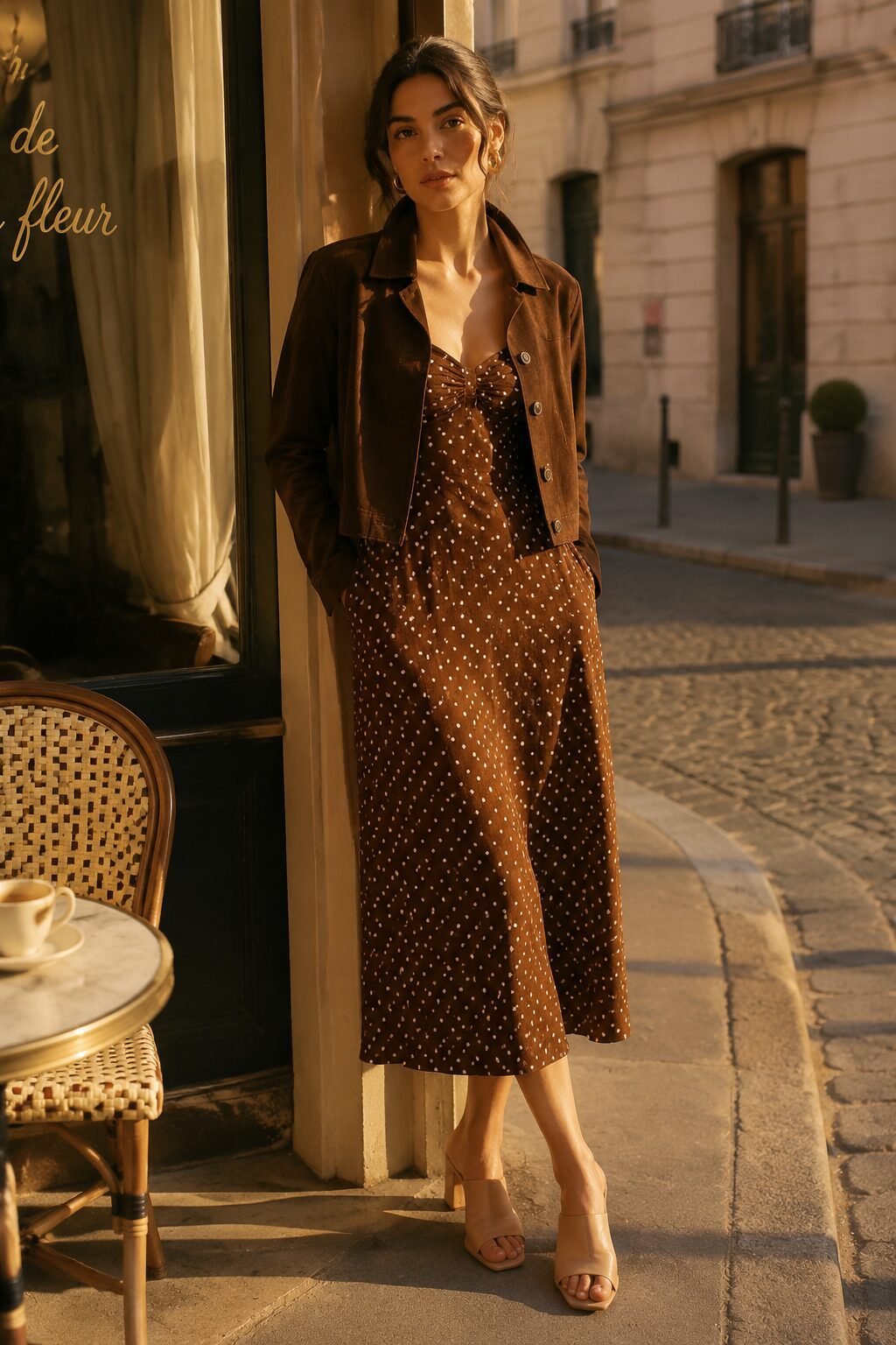 how to style a suede jacket with a midi dress: chocolate suede jacket over an espresso polka dot midi dress