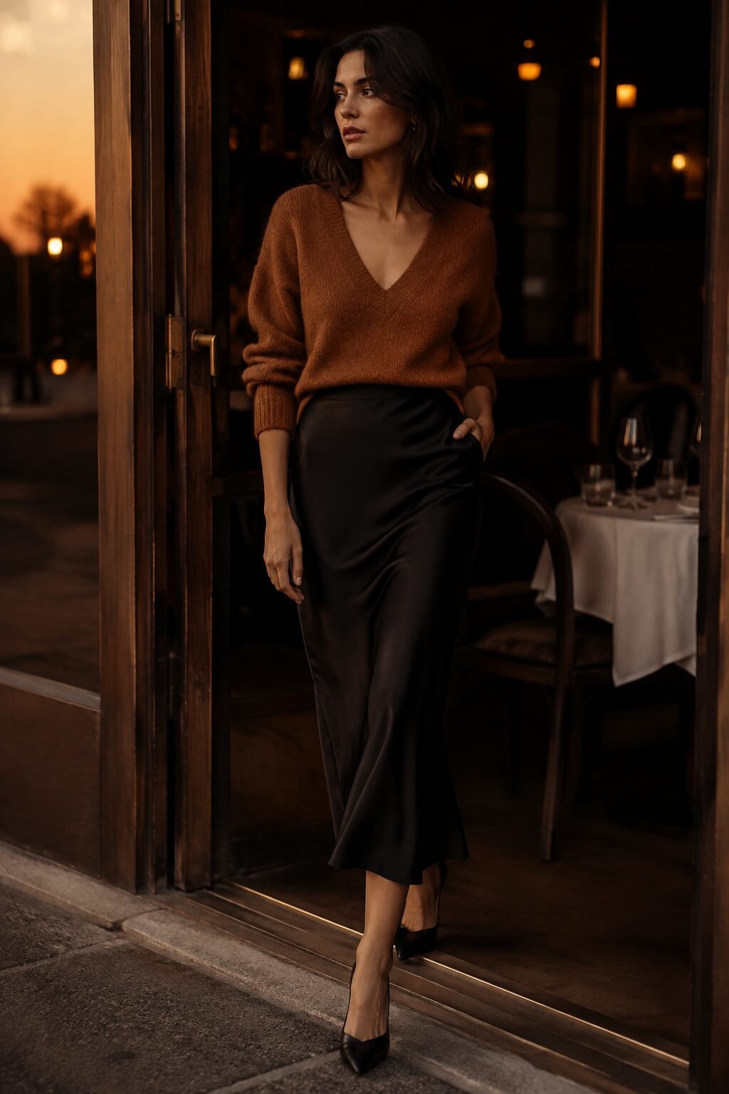 how to style a sweater with a midi skirt: olive v-neck sweater tucked into a navy bias-cut silk midi skirt