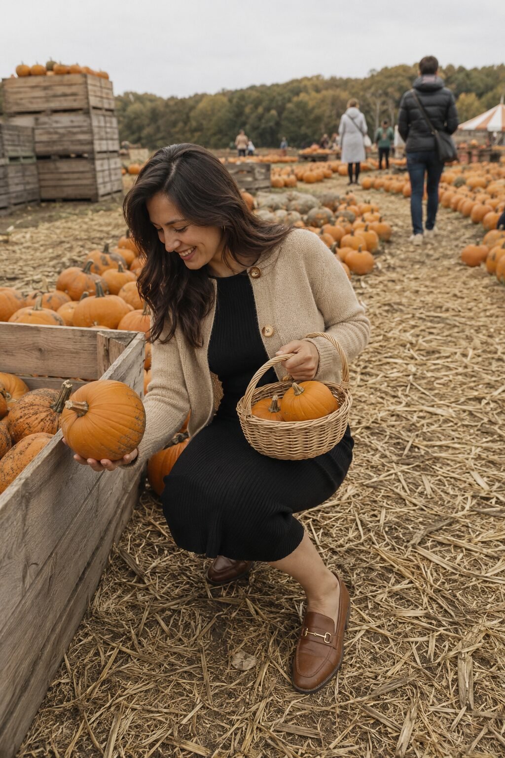 woman wearing a black knit midi dress with a cropped black cardigan and loafers for a casual daytime Halloween gathering outfit