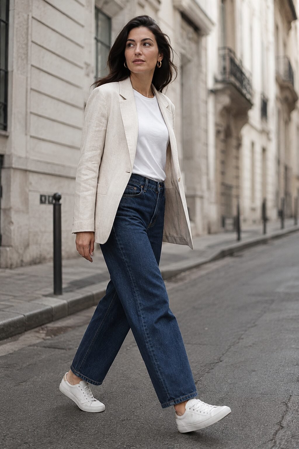woman wearing an ivory blazer over a plain tee and straight-leg denim jeans with white sneakers for a weekend outfit