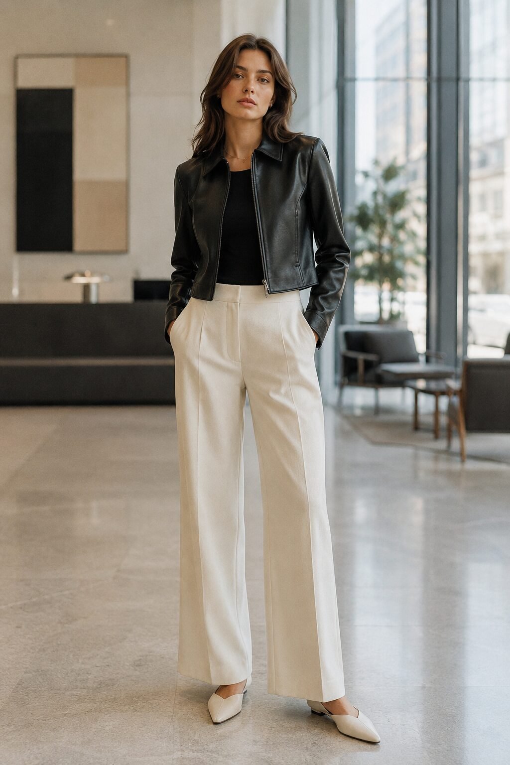 how to style a leather jacket for the office: black cropped leather jacket with cream wide-leg tailored trousers