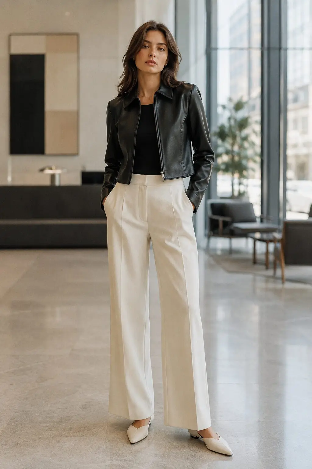 how to style a leather jacket for the office: black cropped leather jacket with cream wide-leg tailored trousers