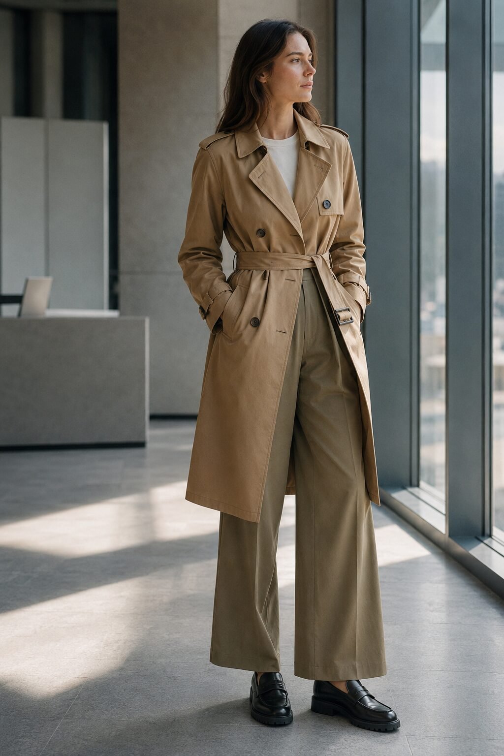how to style a trench coat with tailored trousers: camel trench coat, khaki wide-leg trousers, and burgundy loafers