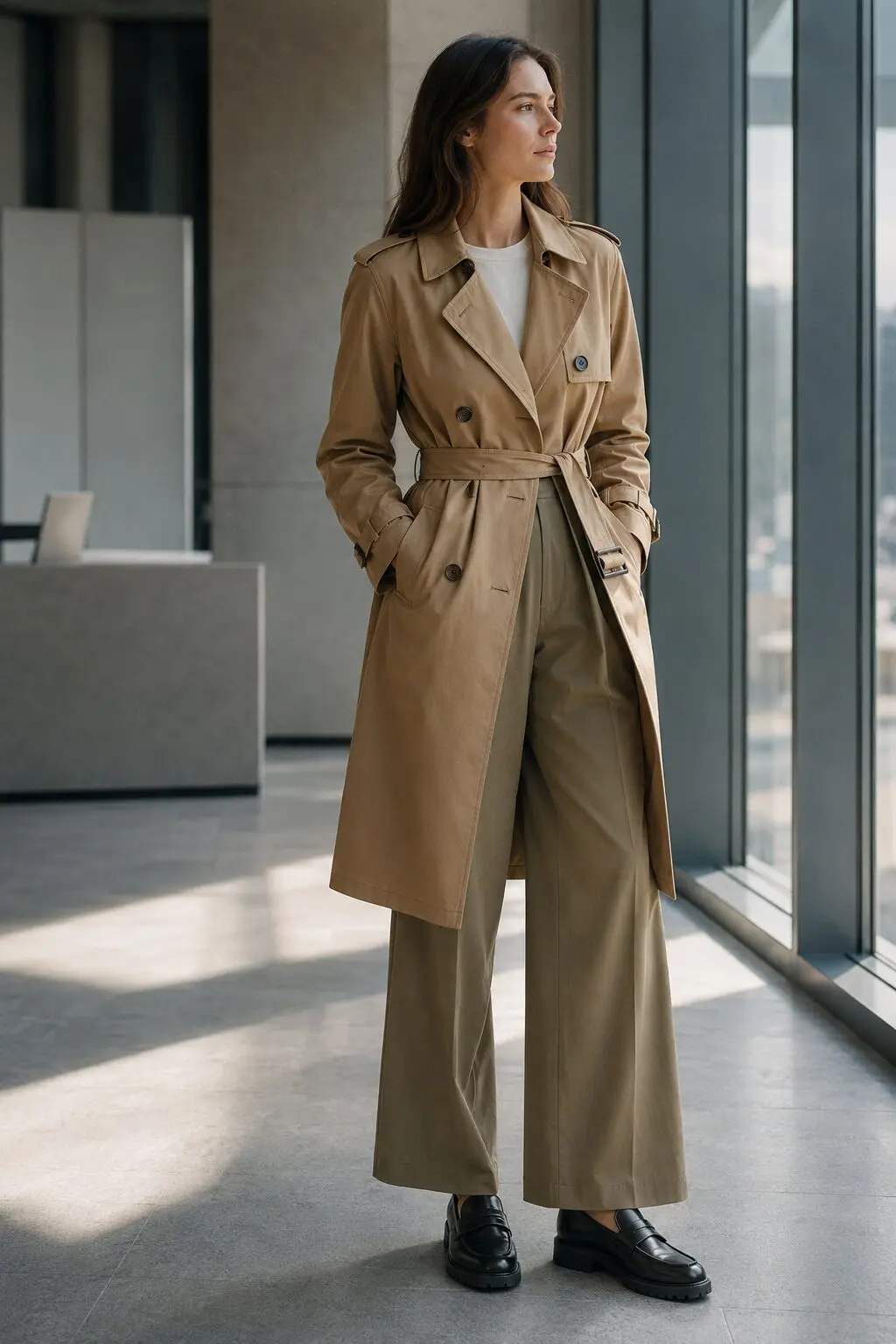 how to style a trench coat with tailored trousers: camel trench coat, khaki wide-leg trousers, and burgundy loafers