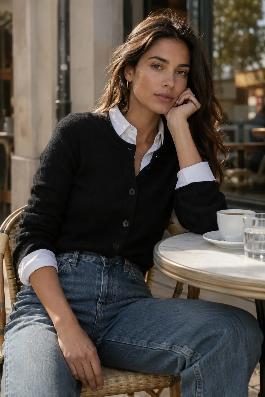 how to style a cardigan with a button-down shirt: black cashmere cardigan over white collared shirt and straight-leg jeans, weekend brunch outfit