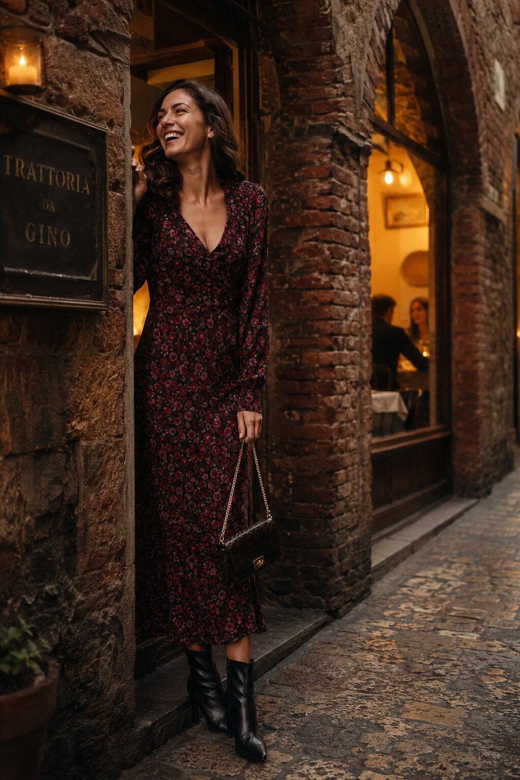 elevated witchy fall outfit: dark floral drop-waist midi dress with black ankle boots