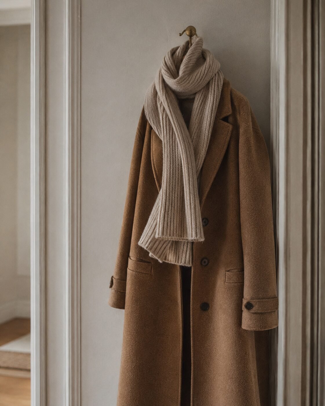 cheap christmas outfit look expensive: cashmere scarf draped over a wool coat