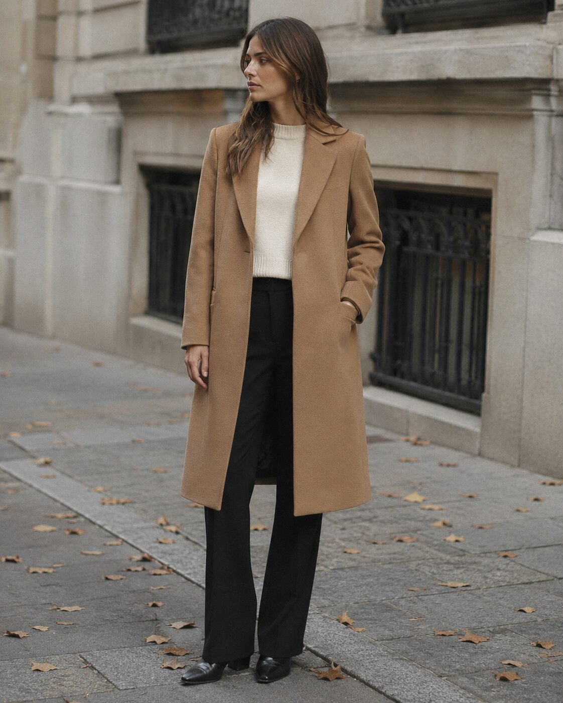 affordable quiet luxury fall outfit: structured camel wool coat worn open over a neutral outfit