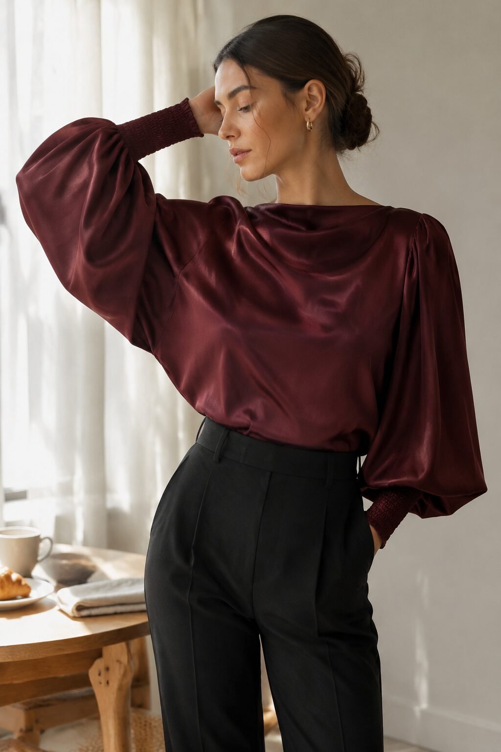 modern 80s christmas party outfit ideas, puff sleeve blouse tucked into tailored black trousers for holiday brunch