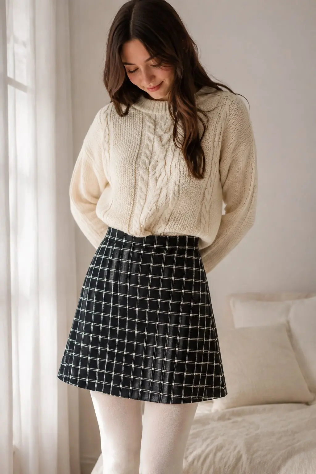 cream cable-knit sweater tucked into windowpane check skirt, casual christmas lunch outfit
