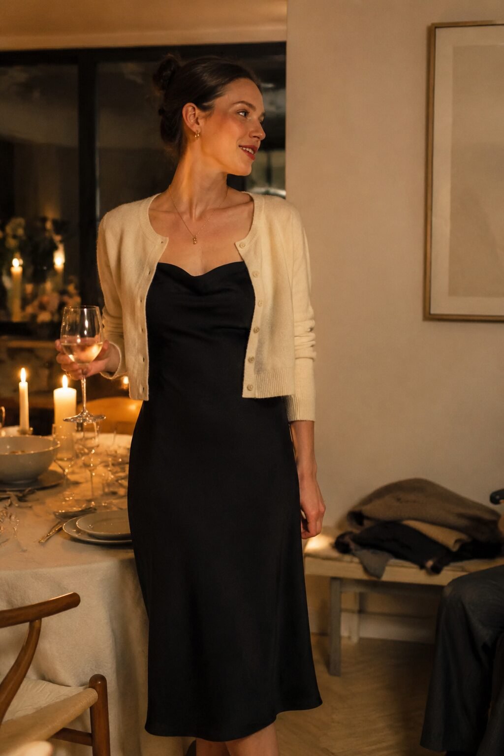 christmas dinner outfit idea: black midi slip dress with a cropped cream cardigan