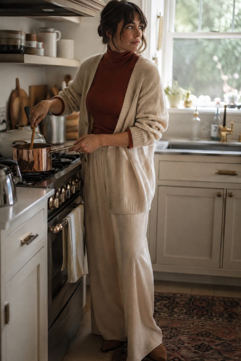 comfortable chic christmas day outfit for cooking: rust turtleneck, oversized cardigan, and cream corduroy trousers