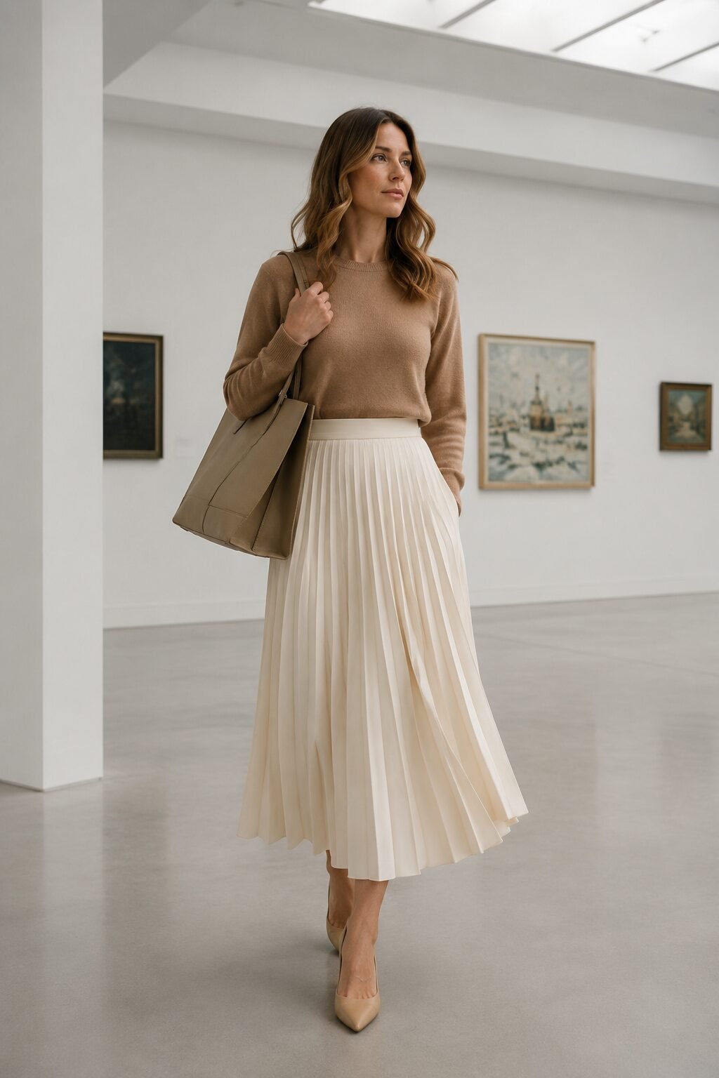 carolyn bessette kennedy outfit inspiration: camel cashmere crewneck and cream pleated midi skirt