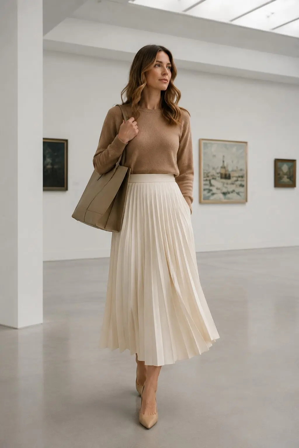 carolyn bessette kennedy outfit inspiration: camel cashmere crewneck and cream pleated midi skirt