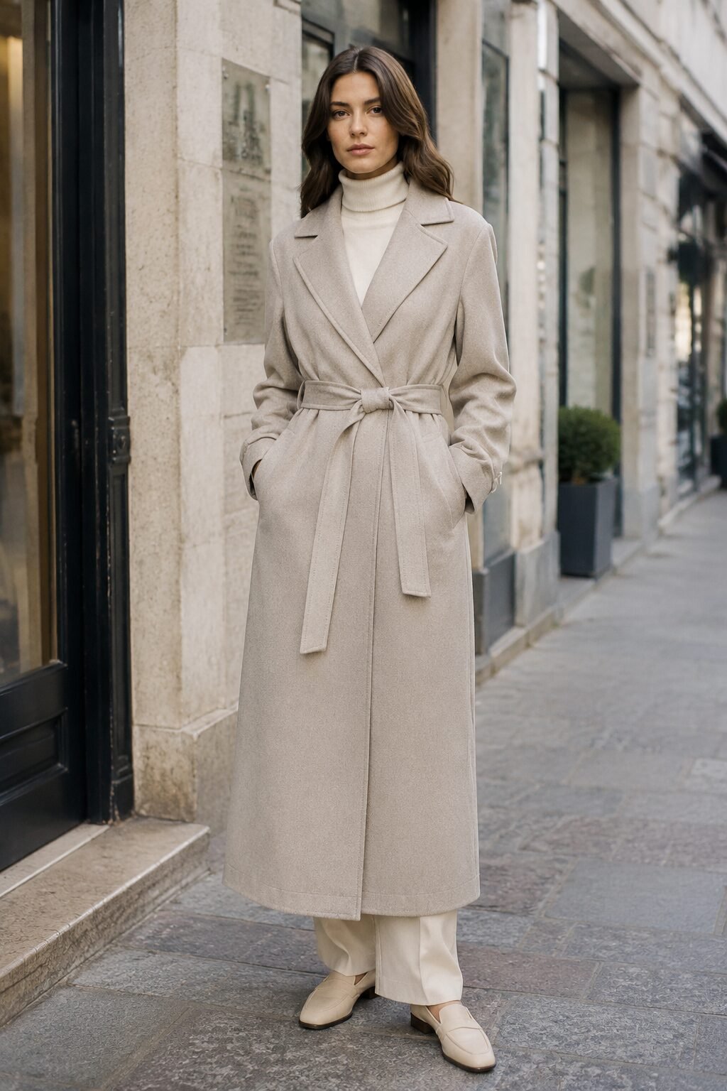 stone trench coat cinched at the waist over an ecru turtleneck, a 90s minimalist transitional outfit