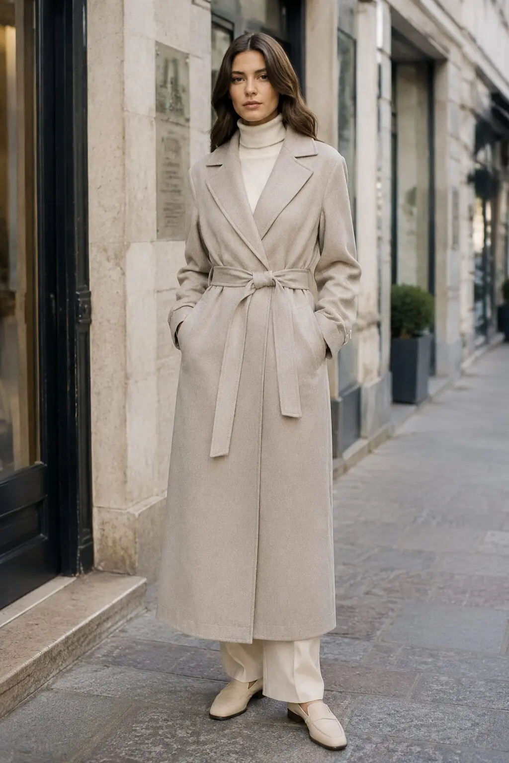 stone trench coat cinched at the waist over an ecru turtleneck, a 90s minimalist transitional outfit