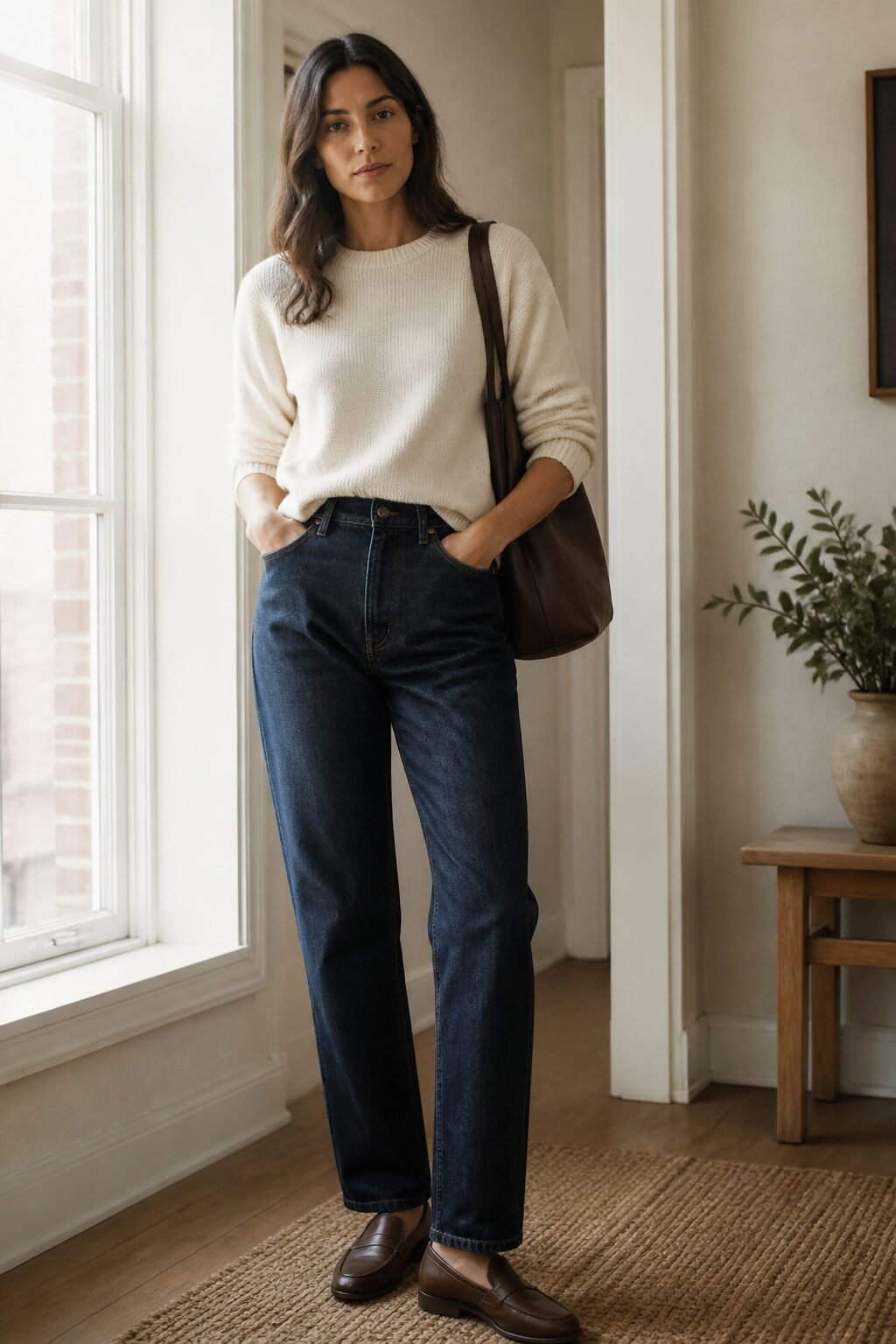 Carolyn Bessette Kennedy inspired outfit ideas: ivory cashmere crewneck with straight-leg indigo jeans for casual weekend style