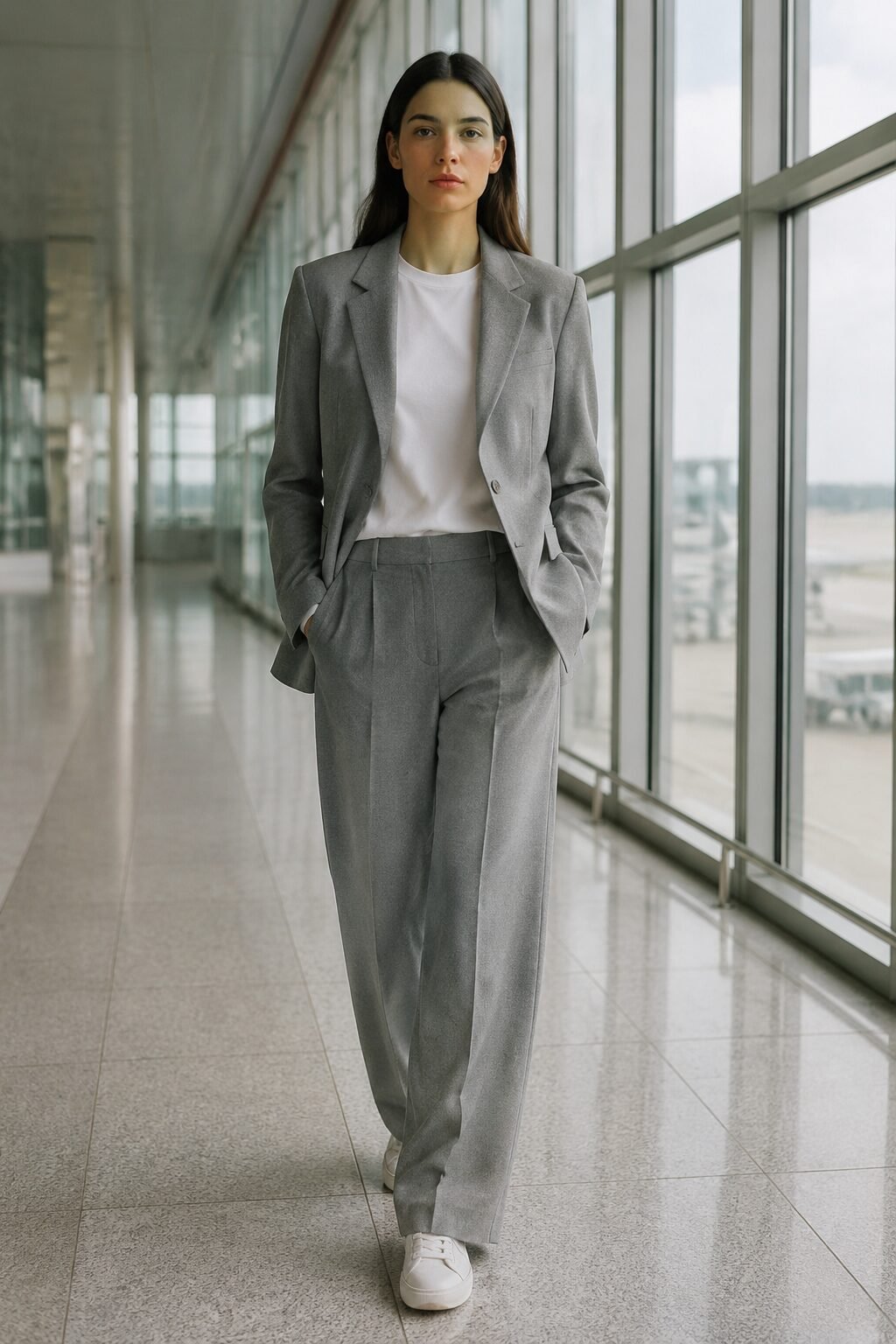 woman in a 90s minimalist travel outfit wearing a monochrome heather-grey blazer and trouser set