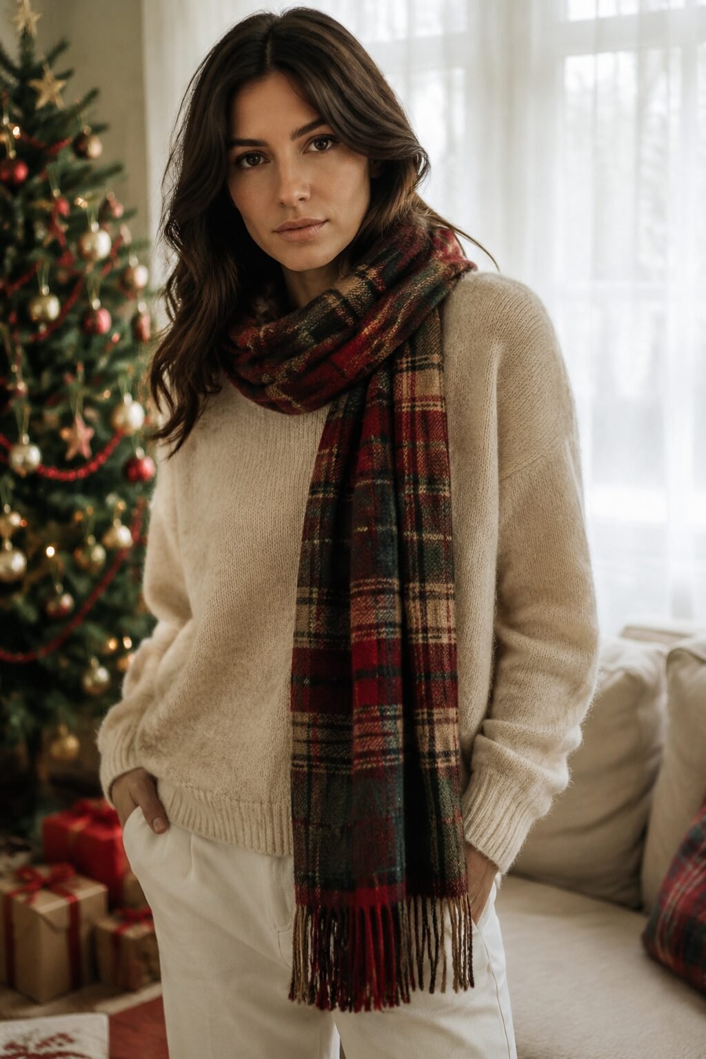 stylish family christmas outfits not matching: mother in an oatmeal sweater with a plaid wool scarf accent
