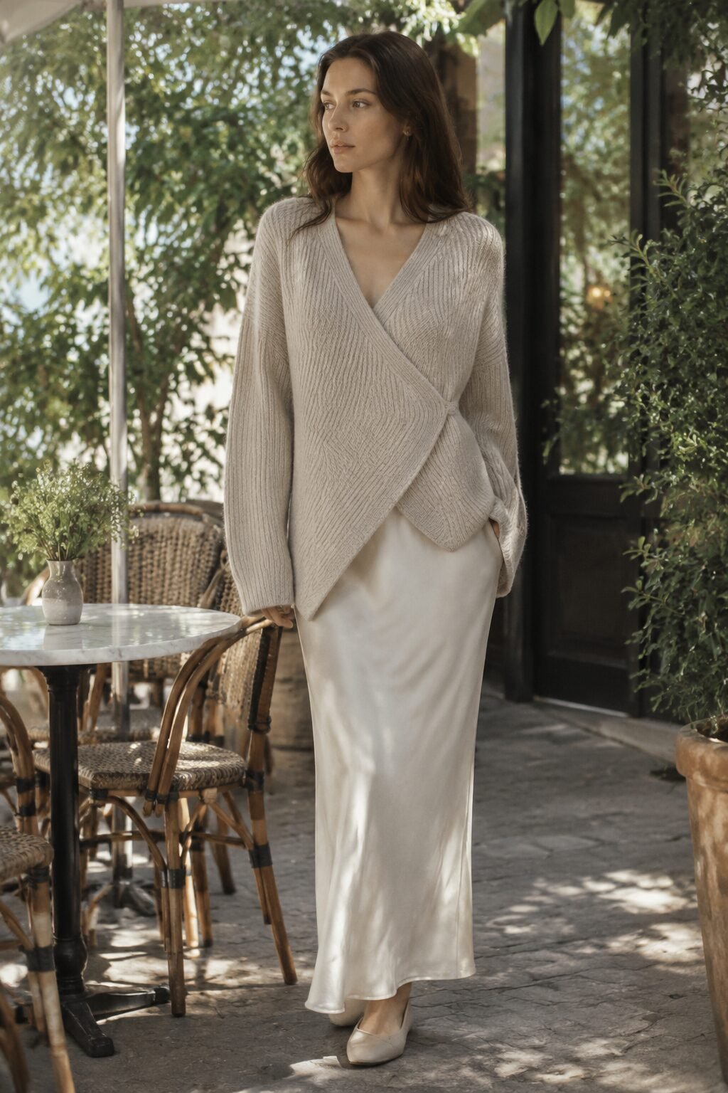 oatmeal wrap cardigan and bias midi skirt sunday brunch outfit inspired by carolyn bessette kennedy