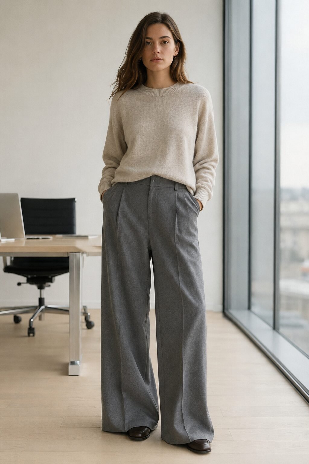 affordable quiet luxury office outfit: oatmeal cashmere-look crewneck with grey wide-leg trousers
