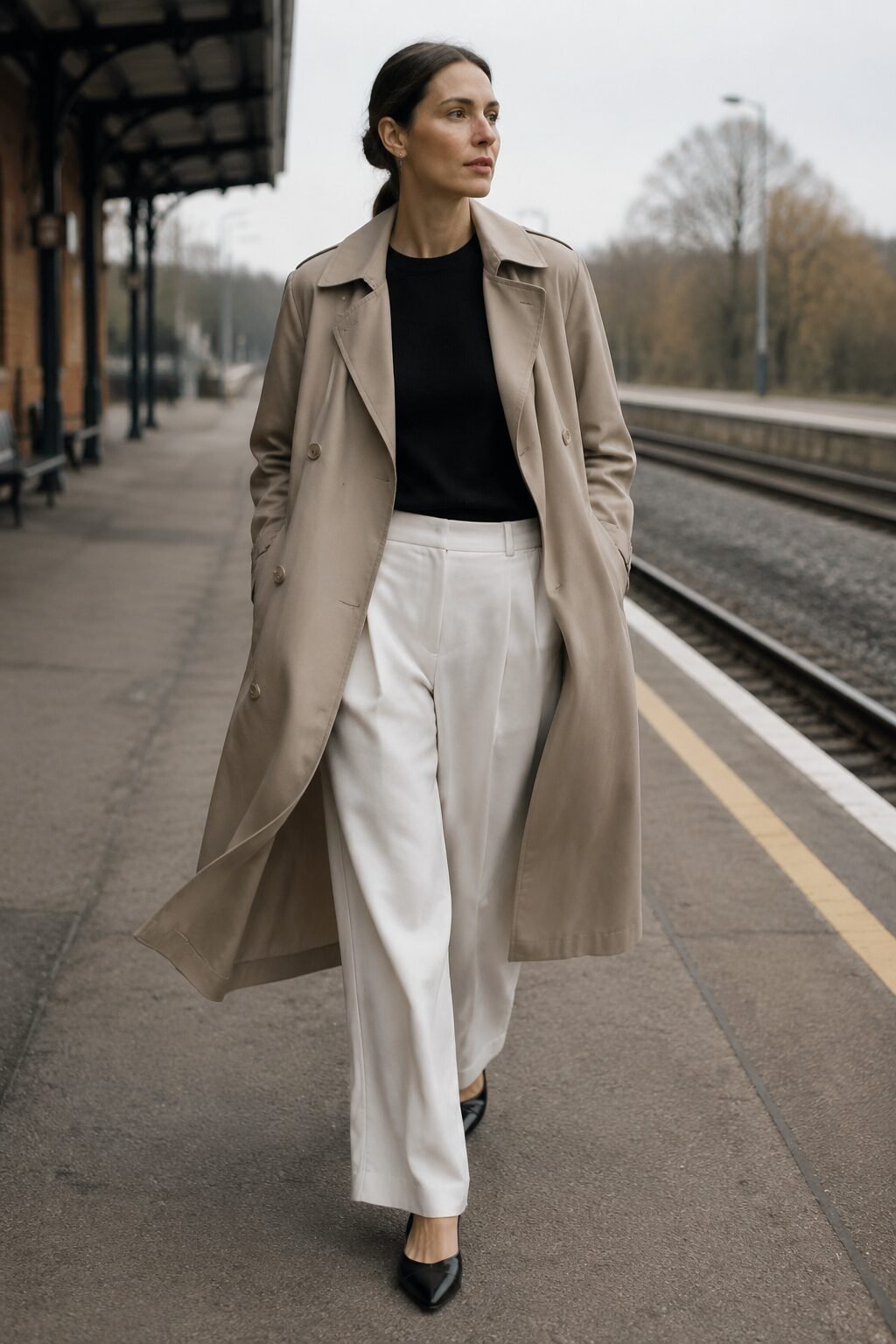 fall capsule outfit formula: stone trench coat worn open over black and white wide-leg trousers with flats