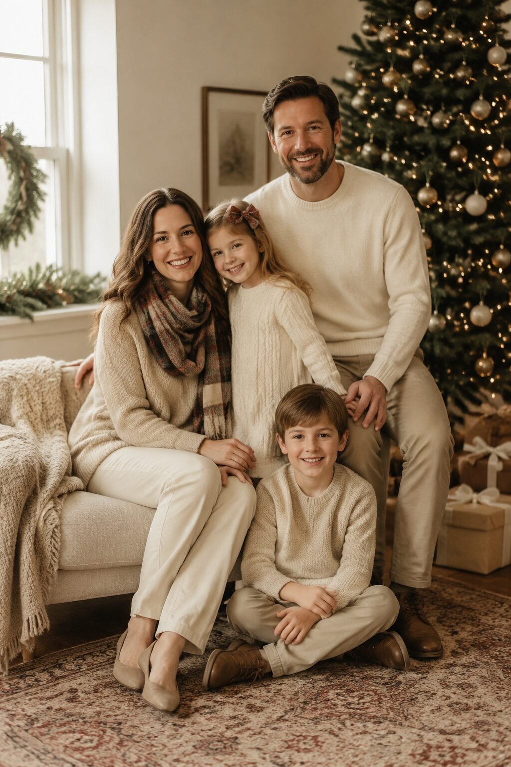 stylish family christmas outfits not matching: mother in an oatmeal sweater with a plaid wool scarf accent