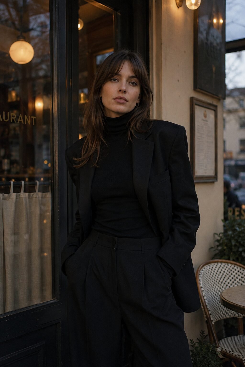 black tailored blazer over black turtleneck and wide-leg trousers, monochrome fall capsule outfit