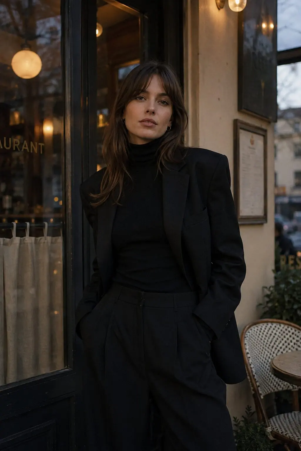 black tailored blazer over black turtleneck and wide-leg trousers, monochrome fall capsule outfit