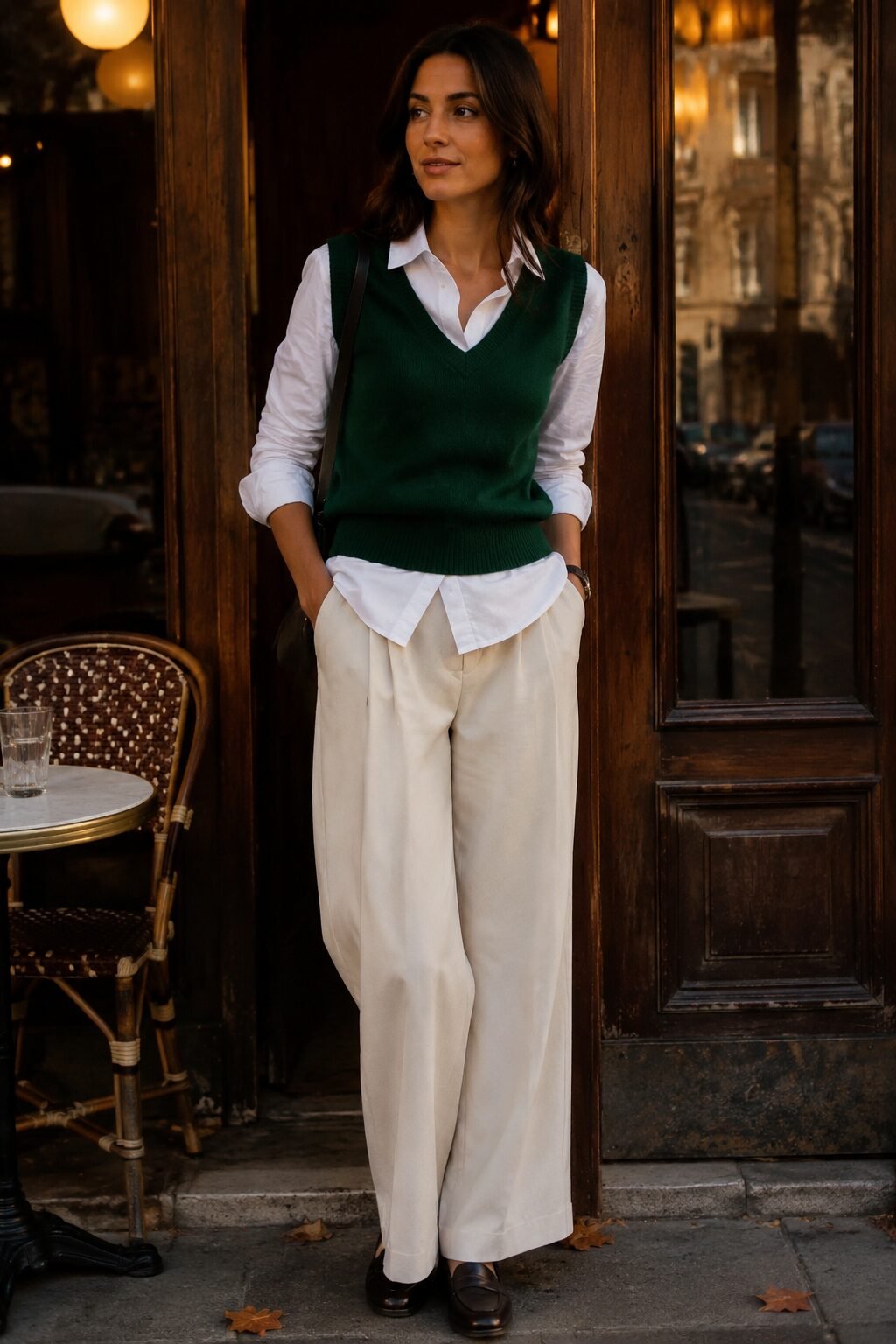 fall capsule wardrobe outfit idea: forest green sweater vest over a white button-down and wide-leg trousers for a Thursday team dinner