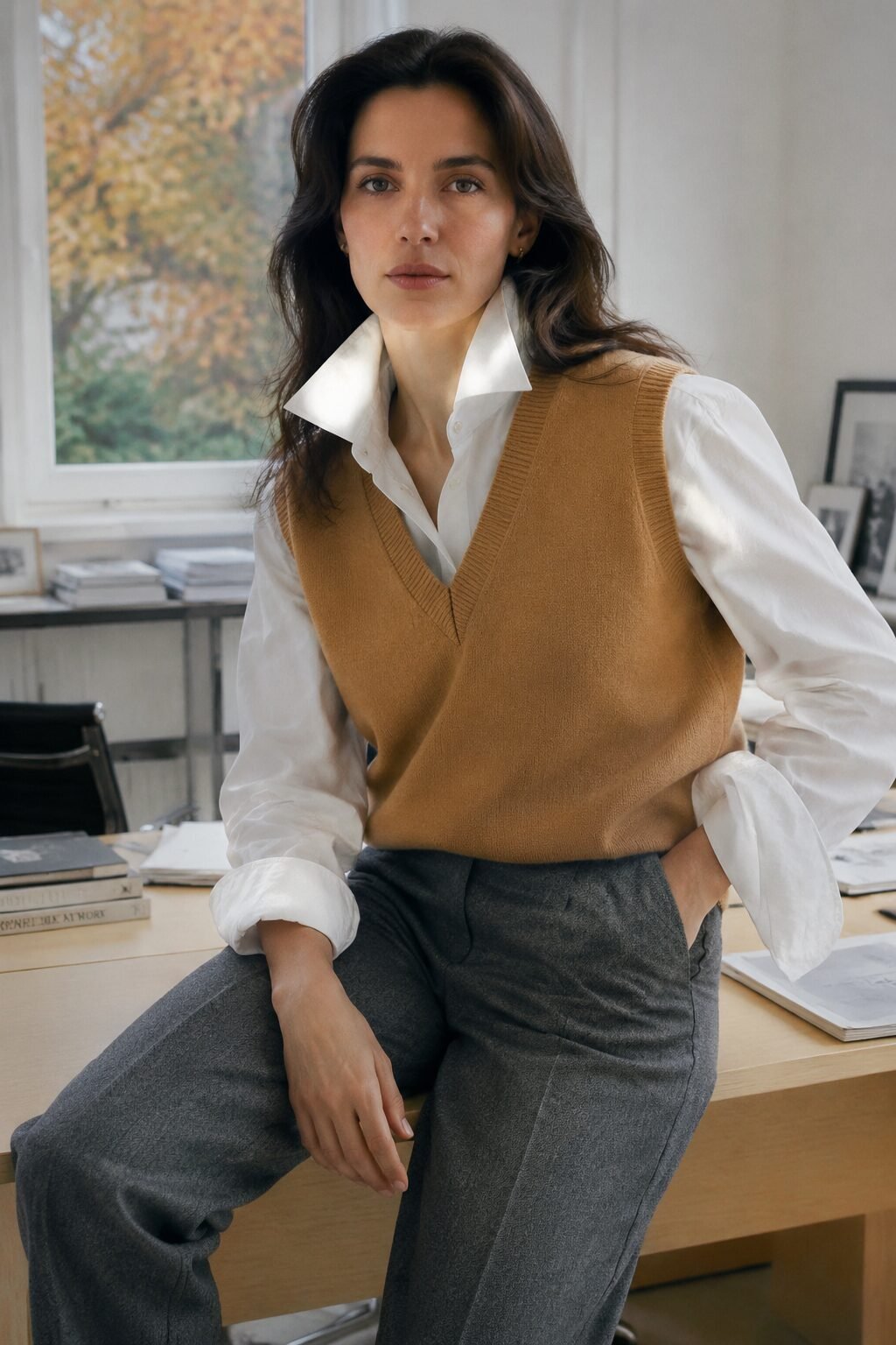 white shirt outfit for fall office: popped collar and cuffs layered under a camel cashmere vest