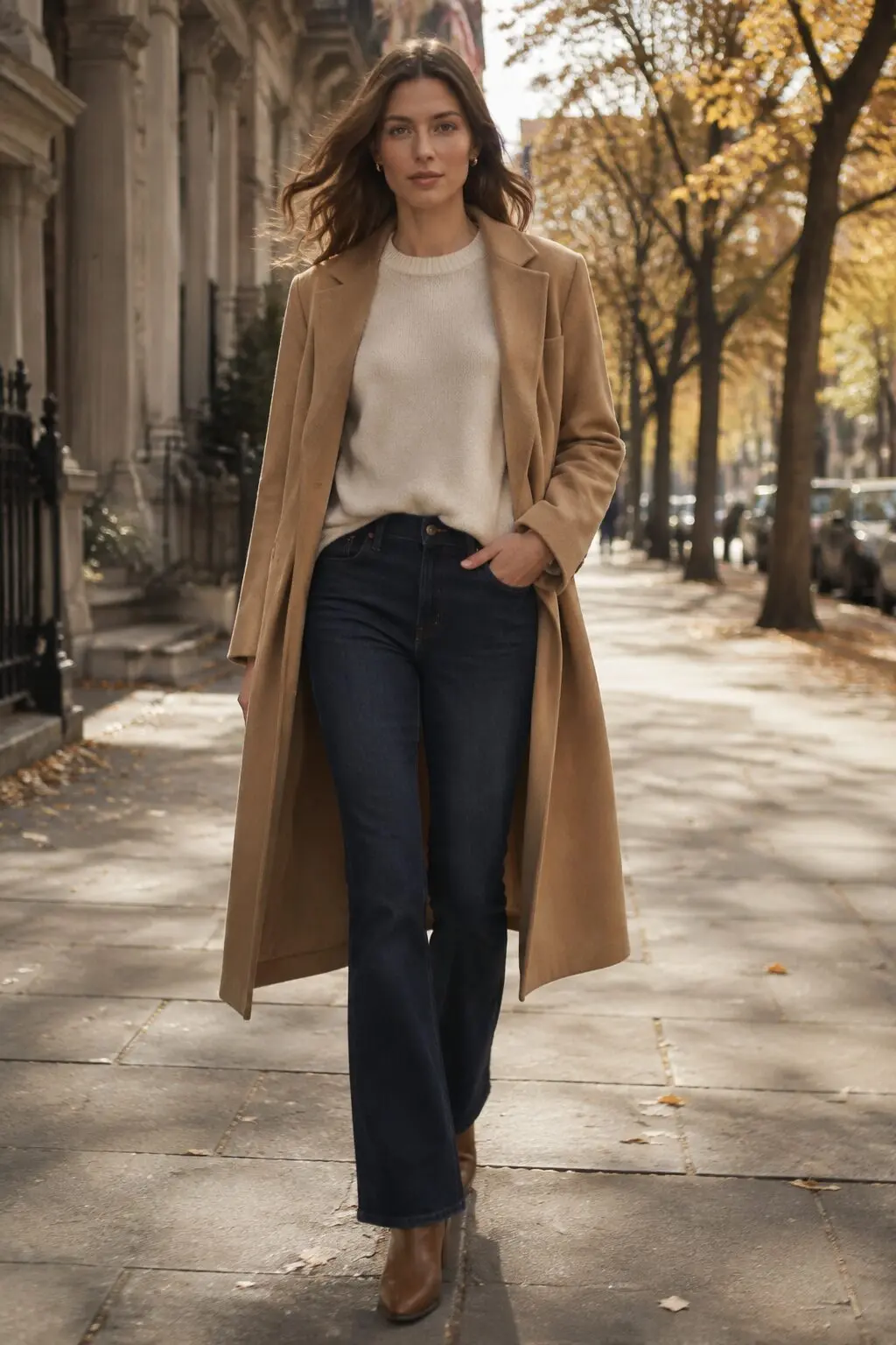 fall bootcut jeans outfit: oatmeal cashmere crewneck and camel wool coat over indigo denim
