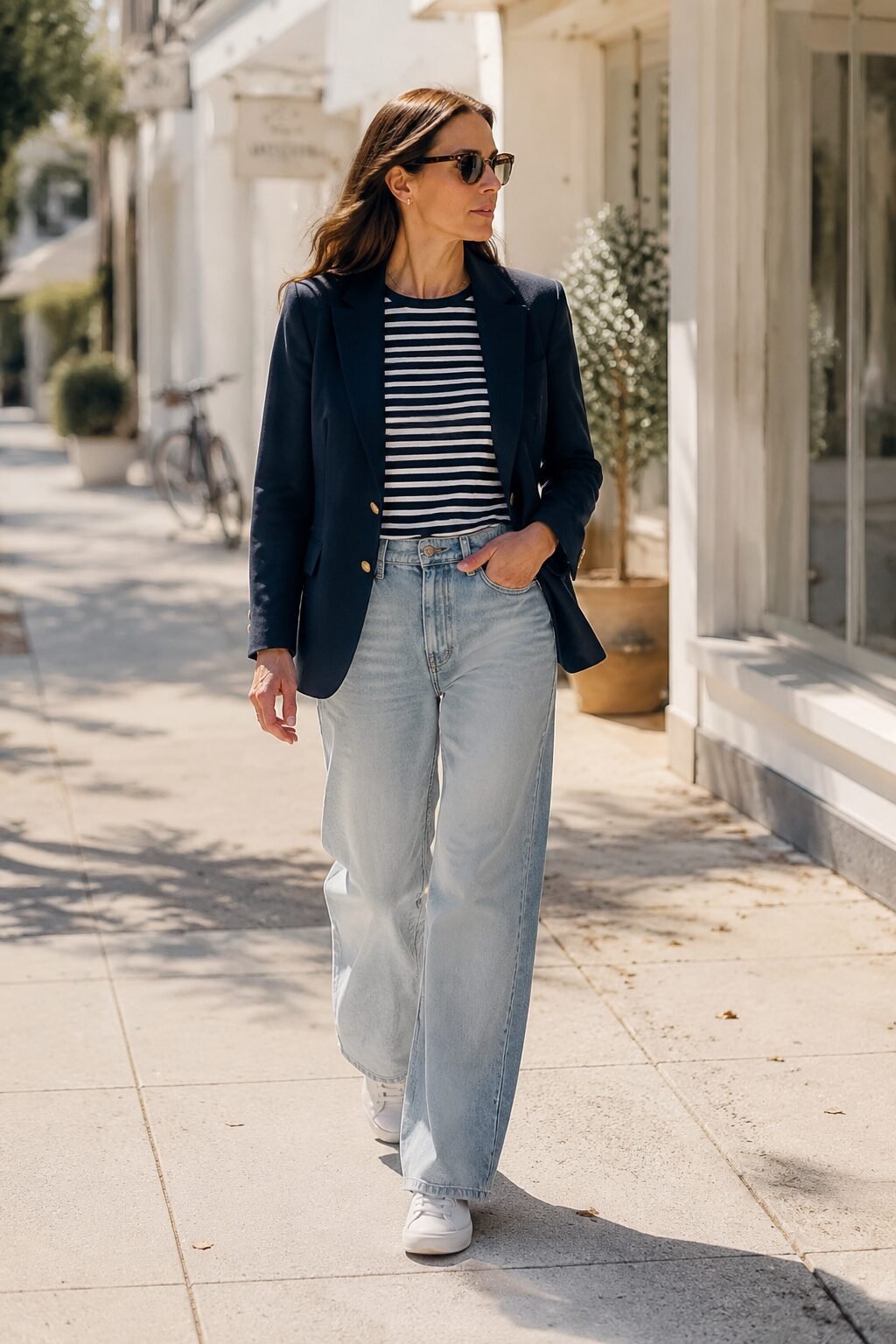 weekend denim and blazer outfit: navy fitted blazer over vintage light-wash wide-leg jeans and a striped tee
