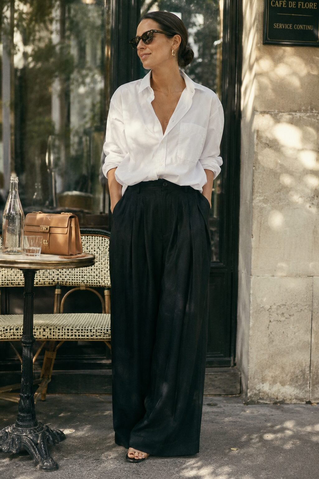 weekend brunch black pants outfit: oversized white button-down loosely tucked into flowing black palazzo trousers