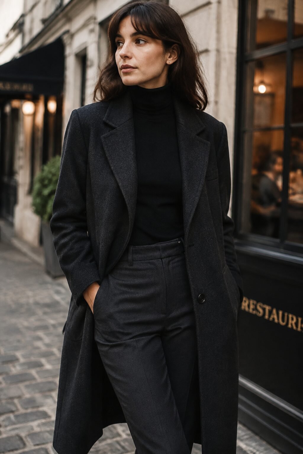 monochrome charcoal and black cigarette pant outfit with wool coat for evening dinner