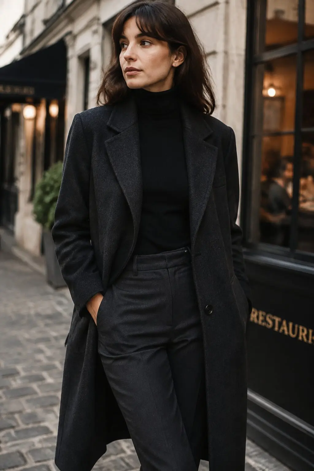 monochrome charcoal and black cigarette pant outfit with wool coat for evening dinner