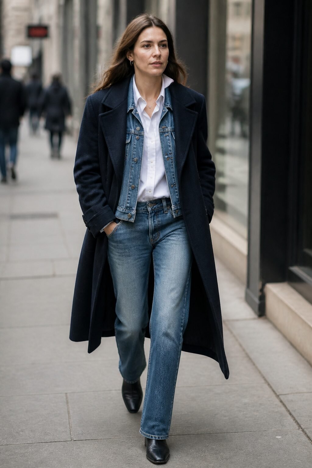 navy wool coat layered over a denim jacket and white button-down with straight jeans, office-casual fall outfit