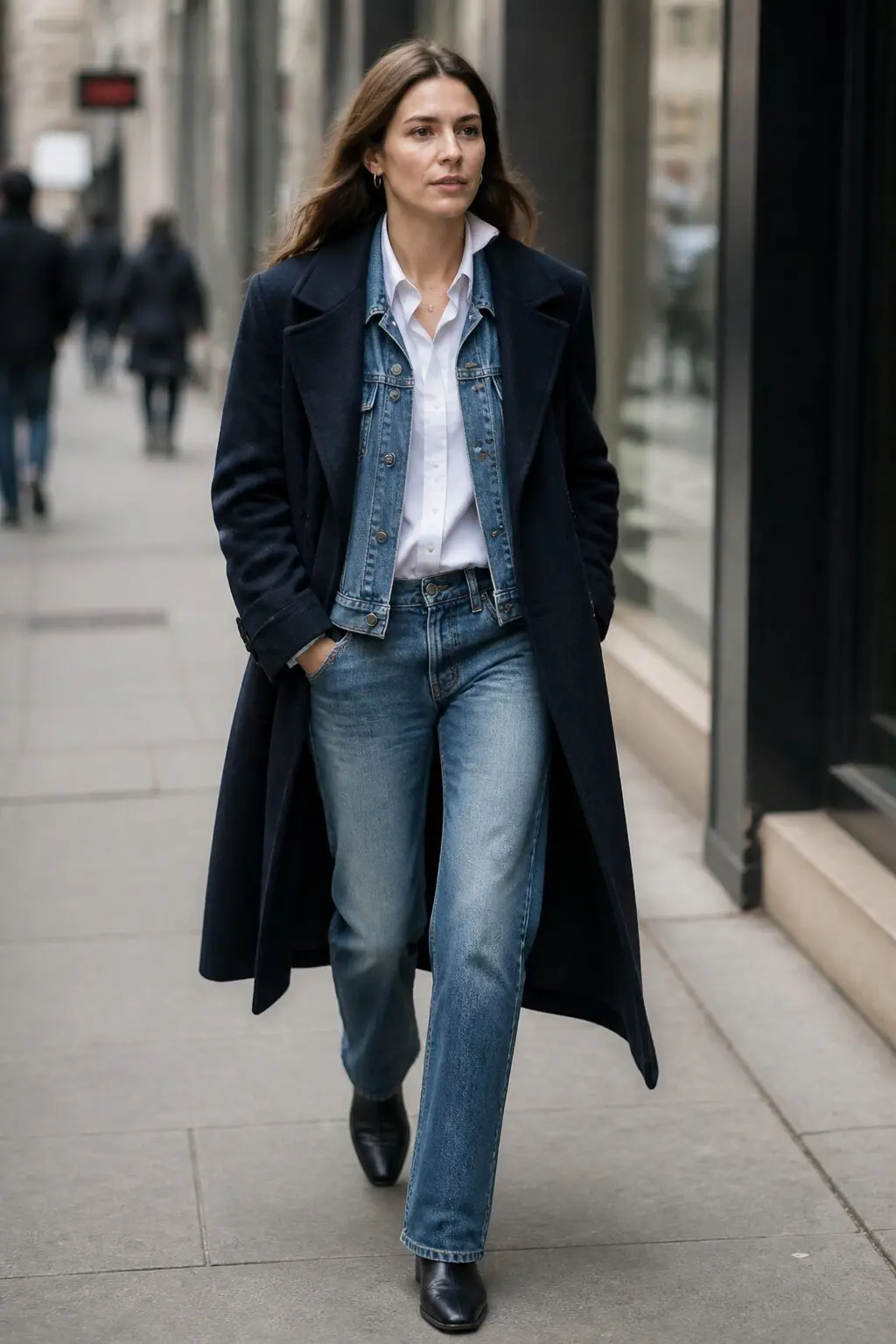 navy wool coat layered over a denim jacket and white button-down with straight jeans, office-casual fall outfit