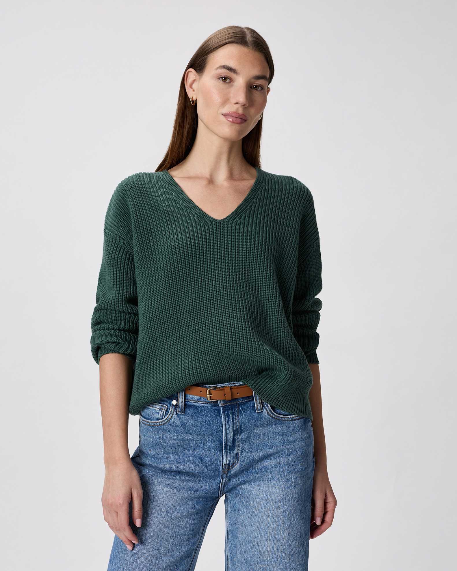 100% Organic Cotton Fisherman V-Neck Sweater (Big Sur Green)