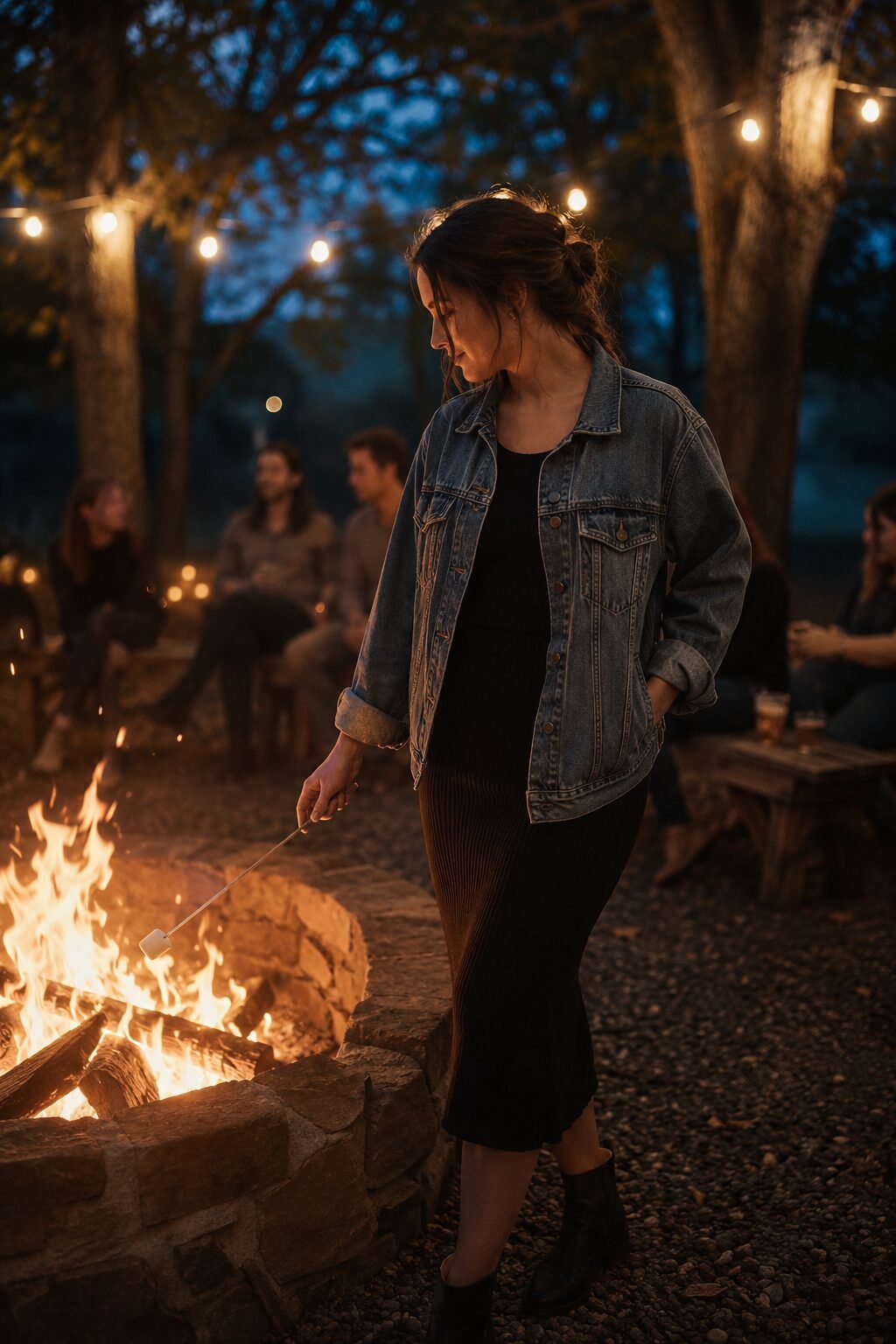 woman wearing a black knit midi dress with an oversized denim jacket for an outdoor Halloween bonfire party outfit