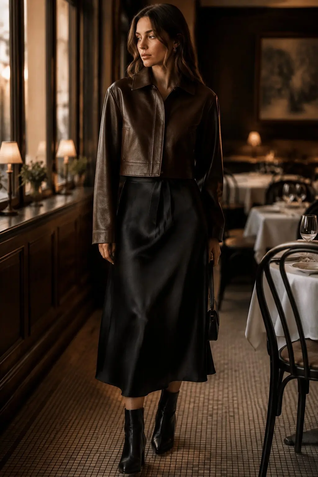 how to style a leather jacket with a skirt: chocolate leather jacket over a black silk midi skirt for evening