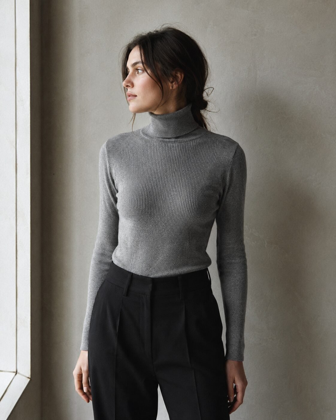 affordable quiet luxury fall outfit: fitted cashmere turtleneck sweater in a neutral tone