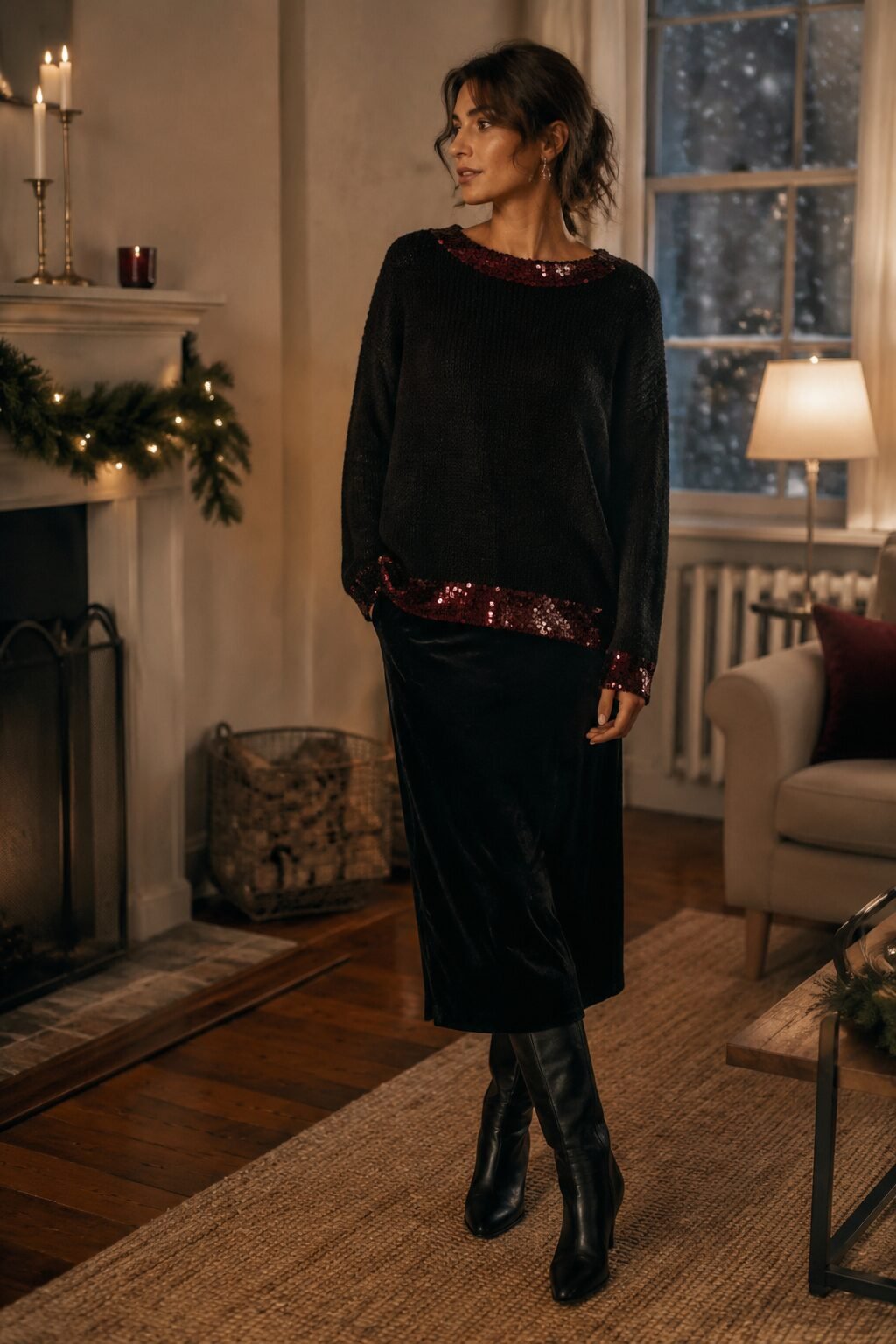 glamorous christmas outfits quiet luxury, black sequin trim sweater with velvet midi skirt and knee high boots
