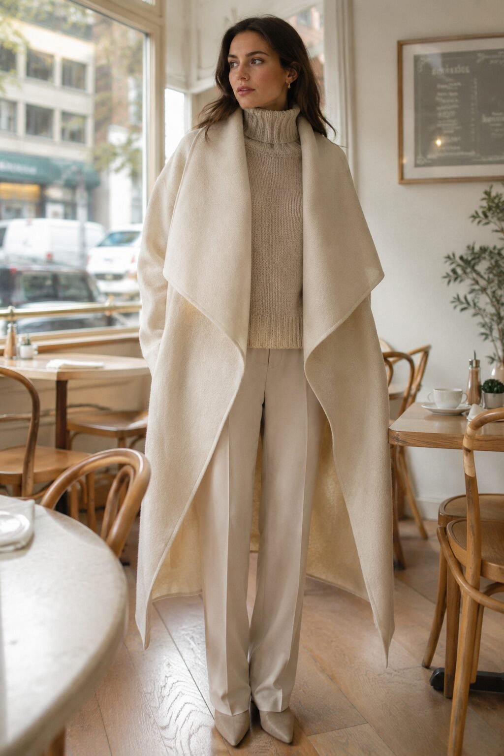 tonal cream oatmeal cashmere turtleneck under an oversized ivory wool wrap coat, a winter-white Christmas color trends 2026 daytime outfit